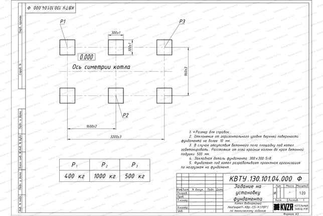 Чертеж изготовления фундамента котла КВр 1.5 с ОУР